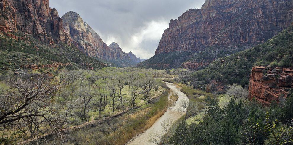 Stunning view of Zion Canyon with river and cliffs under cloudy sky.