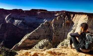 Hiker enjoying a panoramic view of Zion Canyon's cliffs and rock formations.