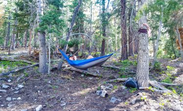 Person relaxing in a hammock in a forested area during a hike.